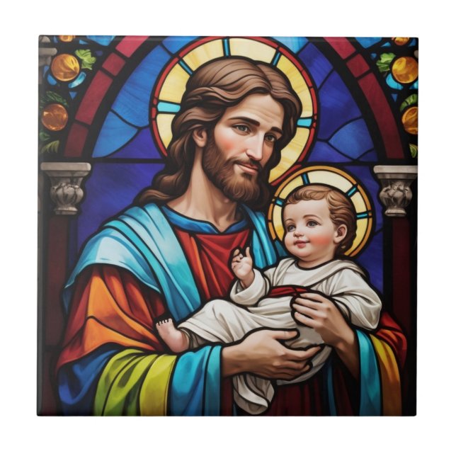 Joseph and Baby Jesus Christian Stained Glass Tile (Front)