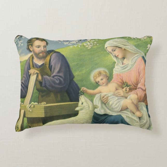 Joseph's Workshop with Mary and Baby Jesus Accent Pillow (Front)