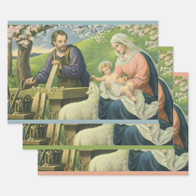 Joseph's Workshop with Mary and Baby Jesus Wrapping Paper Sheet (Set)