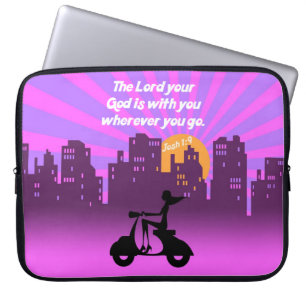 Joshua 1:9 Girl on Scooter w/Skyline - Bible Verse Laptop Sleeve