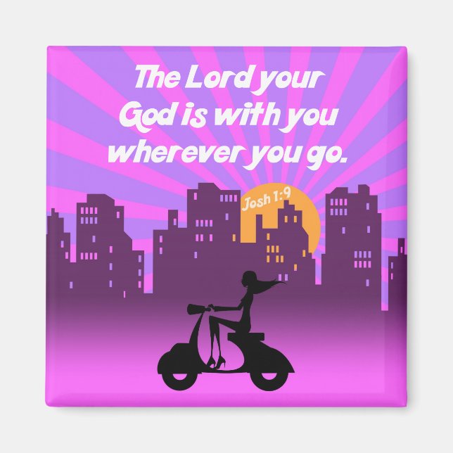 Joshua 1:9 Girl on Scooter w/Skyline - Bible Verse Magnet (Front)