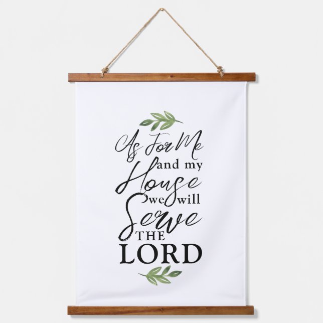 Joshua 24:15 Script Font with Leaf Greenery Wood Hanging Tapestry (Front)