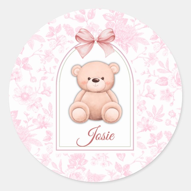 Josie | Custom Pink Teddy Bear Nursery Design  Classic Round Sticker (Front)