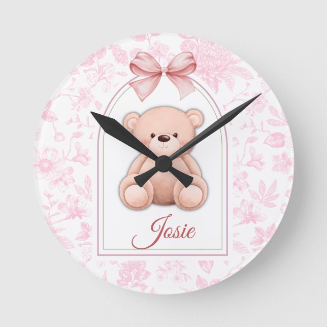 Josie | Custom Pink Teddy Bear Nursery Design  Round Clock (Front)