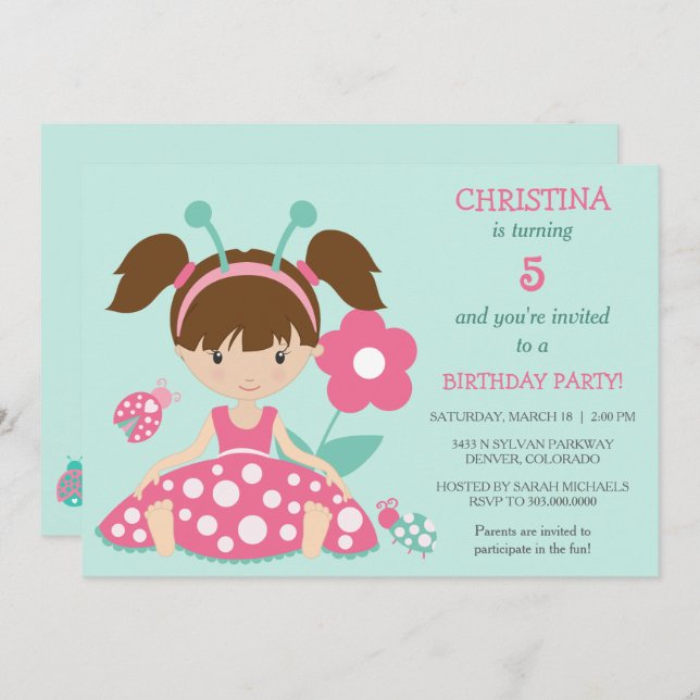 Jote Ladybug Girls Anniversaire Invitation (Devant / Derrière)