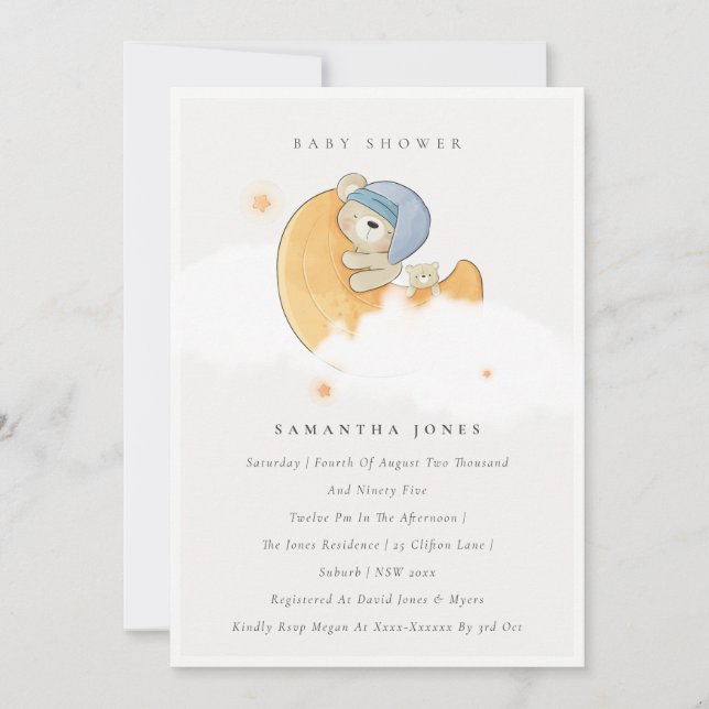 Jote Ours Sommeil Sur Lune Garçon Invitation Baby  (Devant)