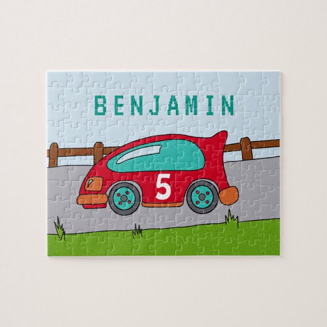 Jote Red Racing Car Enfants Puzzle avec nom (Horizontal)