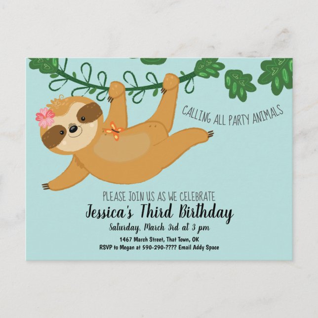 Jote Sloth Girls Anniversaire Fête Invitation (Devant)