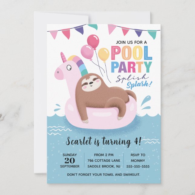Jote Sloth Pool Party Anniversaire Invitation (Devant)
