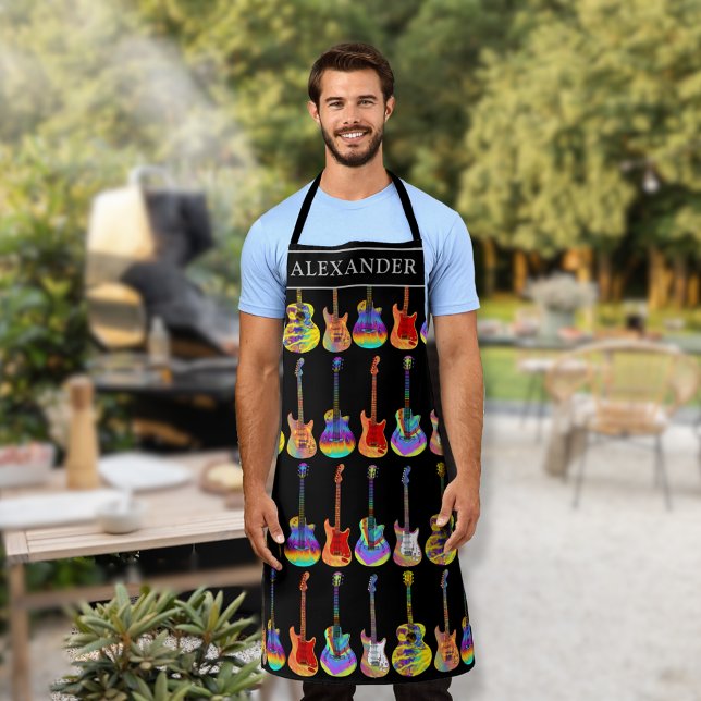 joueur de guitare coloré tablier personnalisé (Funky guitar pattern personalized apron for him rockstar dad, boyfriend, husband, brother or friend)