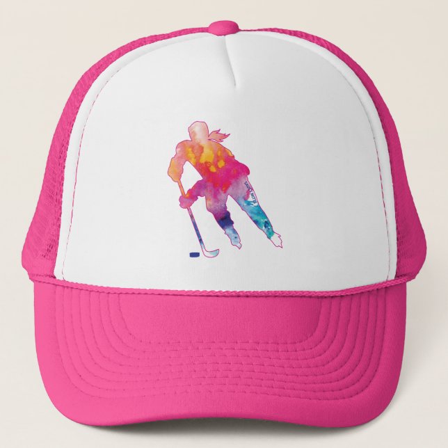 Joueuse de hockey rose femme Casquette d'aquarelle (Devant)