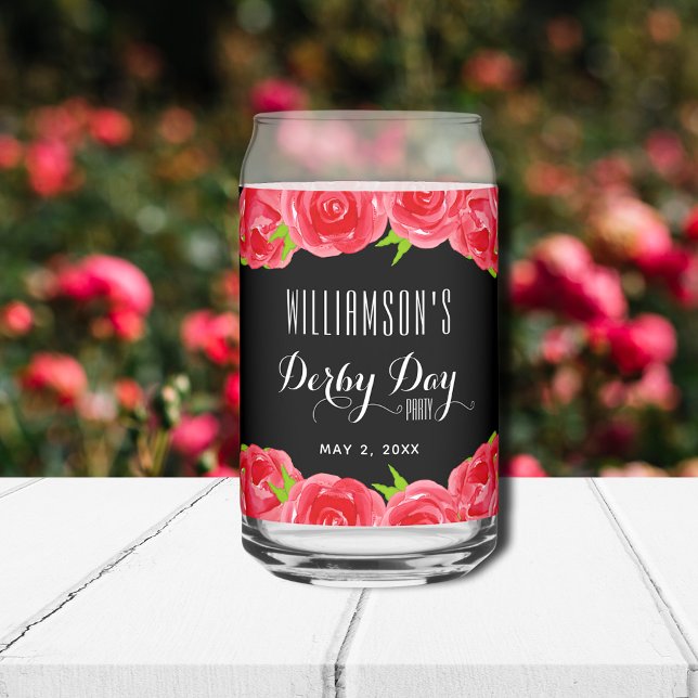 Jour du Derby de la Monnaie Rouge Roses (Order one or a set of can glasses for your Derby party to serve guests or give as favors.)
