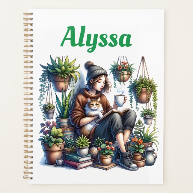 Jour parfait | Lecture féminine avec chat et Plant (Devant)