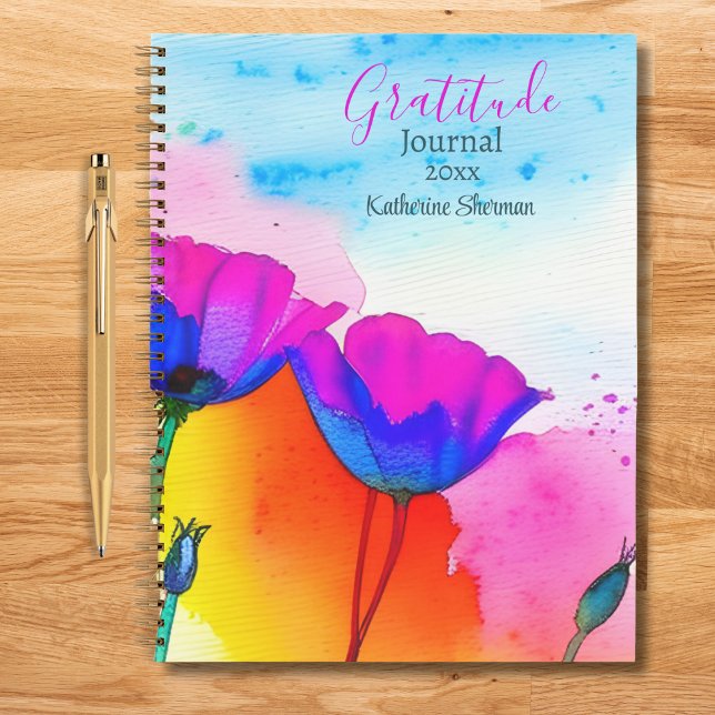 Journal de Gratitude Aquarelle Poppies florales (Gratitude Journal: A powerful tool for self-improvement. Write down 3 items daily.)