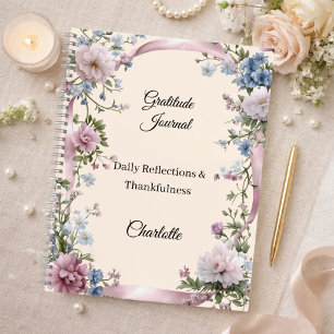 Journal de gratitude ruban rose fleurs crème