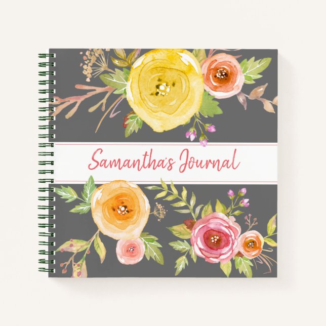 Journal de script personnalisé d'aquarelle florale (Devant)