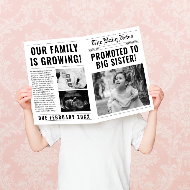 Journal Drôle Grosse Soeur Grossesse Faire-part (promoted to big sister newspaper sibling pregnancy announcement card)