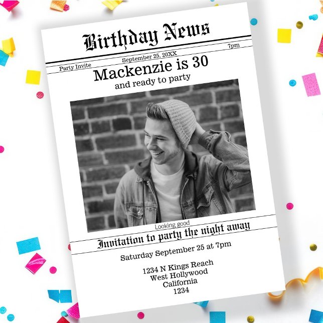 Journal Faire-part d'anniversaire personnalisé (Birthday Announcement Newspaper Personalized Novelty Invitation by Ricaso. Add own photo and text)