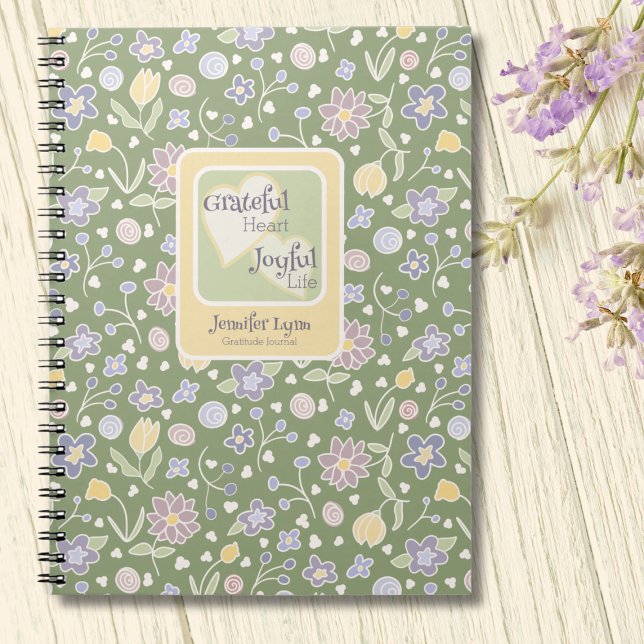 Journal personnalisé Cœur reconnaissant Vie joyeus (Grateful Heart Joyful Life Floral Journal – Inspirational Green Notebook for Everyday Gratitude)