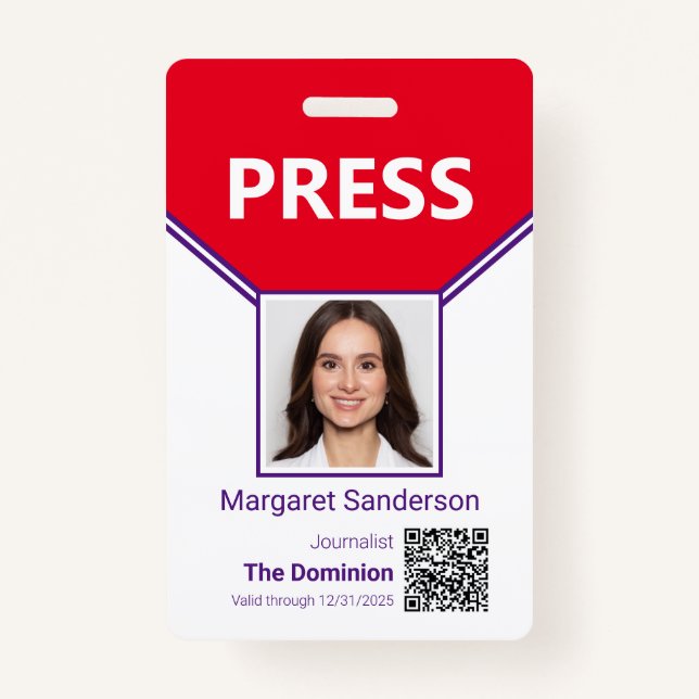 Journalist Photo ID and QR Code Press Pass Badge (Front)