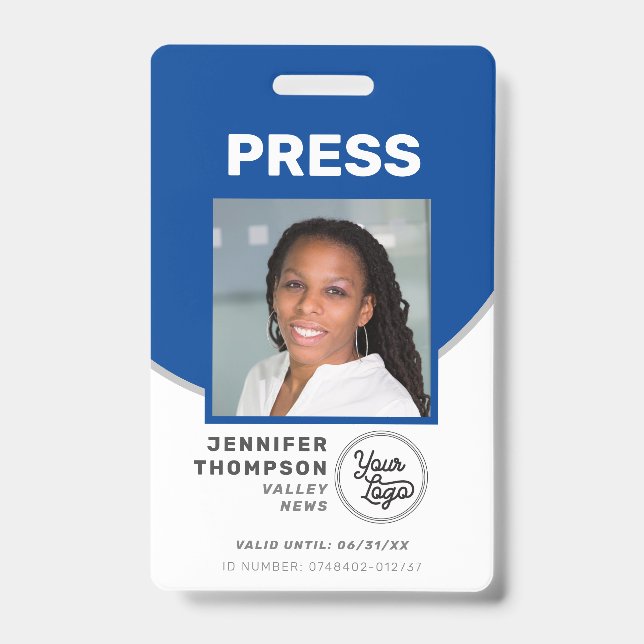 Journalist Press Pass Blue and White Photo ID Badge (Front)