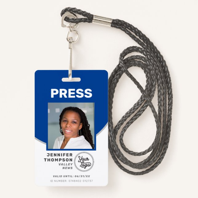 Journalist Press Pass Blue and White Photo ID Badge (Front with Lanyard)