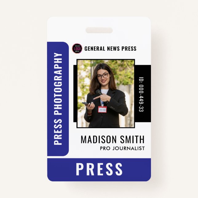Journalist Press Pass  Photo ID  Badge (Front)