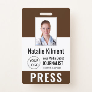 Journalist Press Pass Photo Name Logo ID Brown Badge