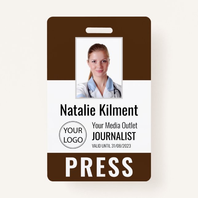 Journalist Press Pass Photo Name Logo ID Brown Badge (Front)