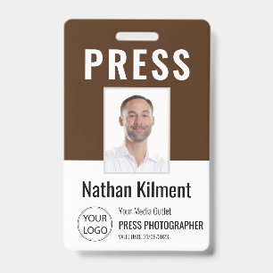 Journalist Press Pass Photo Name Logo ID Brown Badge