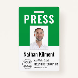 Journalist Press Pass Photo Name Logo ID Green Badge