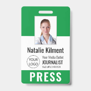 Journalist Press Pass Photo Name Logo ID Green Badge