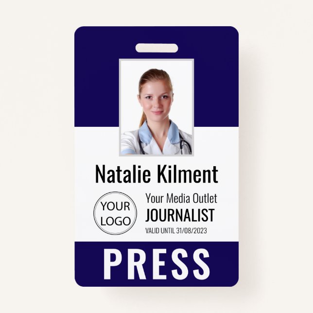 Journalist Press Pass Photo Name Logo ID Navy Blue Badge (Front)