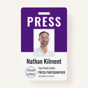 Journalist Press Pass Photo Name Logo ID Purple Badge
