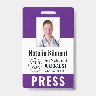 Journalist Press Pass Photo Name Logo ID Purple Badge