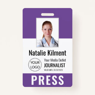 Journalist Press Pass Photo Name Logo ID Purple Badge