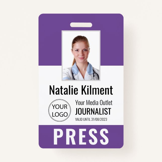 Journalist Press Pass Photo Name Logo ID Purple Badge (Front)