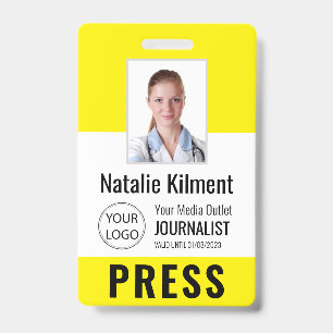 Journalist Press Pass Photo Name Logo ID Yellow Badge