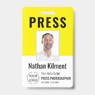 Journalist Press Pass Photo Name Logo ID Yellow Badge