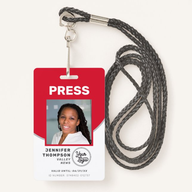 Journalist Press Pass Red and White Photo ID Badge (Front with Lanyard)