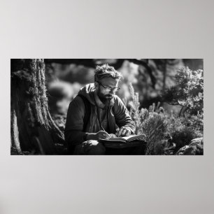 Journalling alone in the woods B&W photo Poster