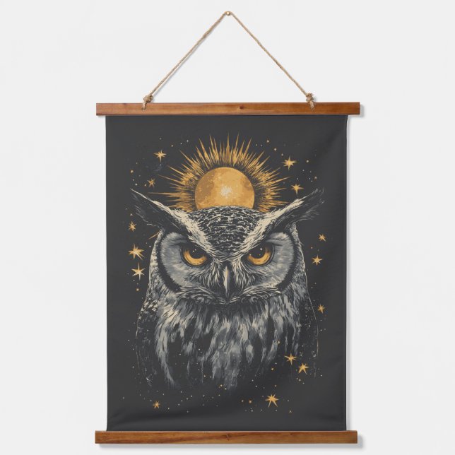 Journey between Day and Night - A Mystical Owl Hanging Tapestry (Front)