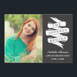 Journey | Custom Colour Graduation Party Invitatio Invitation<br><div class="desc">This modern photo graduation party invitation features a white ribbon design with the text "The Journey Begins" on the right.  Text colour,  size,  font,  etc. can be easily customized.  The background colour can also be customized to any colour you'd like.  Please replace the template photo prior to purchasing.</div>