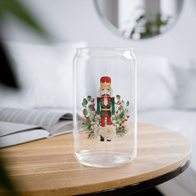 Jours fériés Noisette Script personnalisé (Christmas Nutcracker Botanical Can Glass)