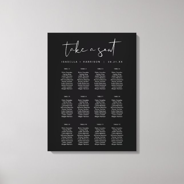 JOVI Black Edgy Modern Minimalist Seating Chart Canvas Print (Front)