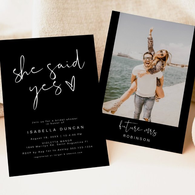 JOVI Black She Said Yes Modern Bridal Shower Invit Invitation (Creator Uploaded)