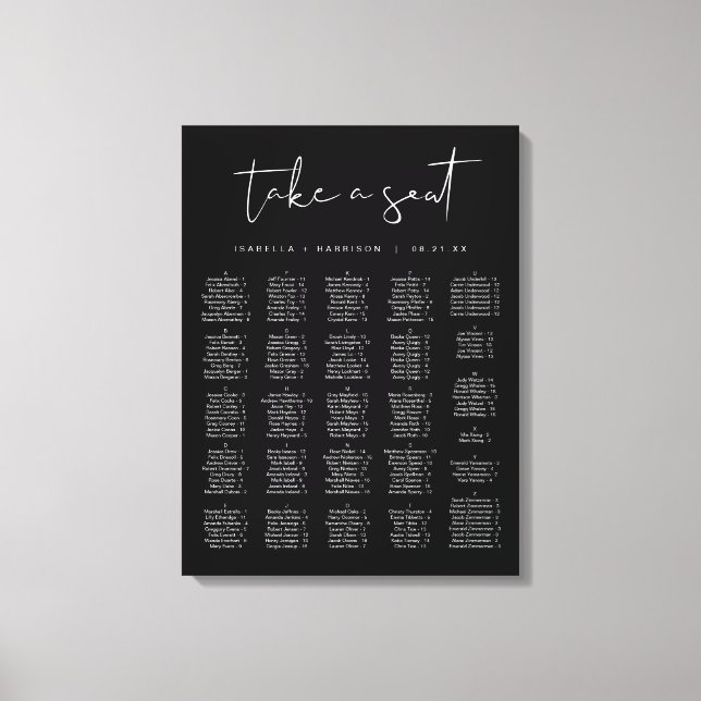 JOVI Edgy Modern Black White Alphabetical Seating Canvas Print (Front)