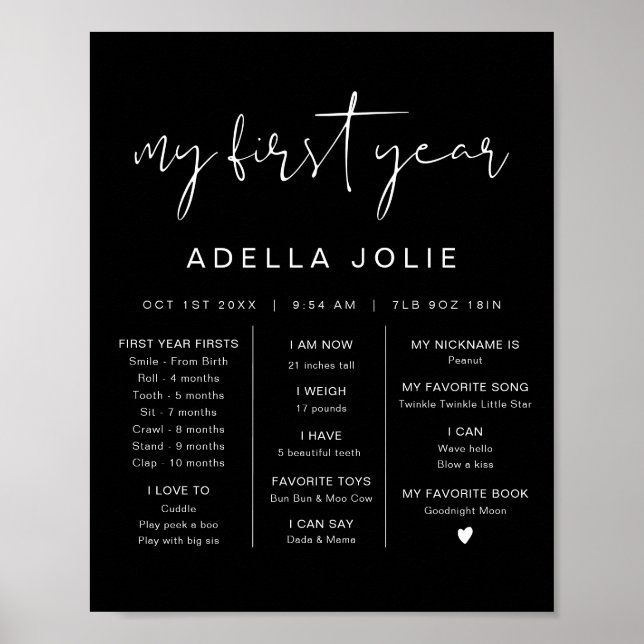 JOVI Modern Boho Black First Year Milestone Poster (Front)