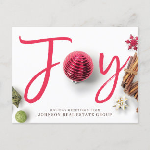 Joy and Christmas Ornaments   Holiday Greetings Postcard