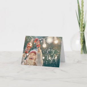 Joy and Light, Girl Hanging Lights Holiday Card